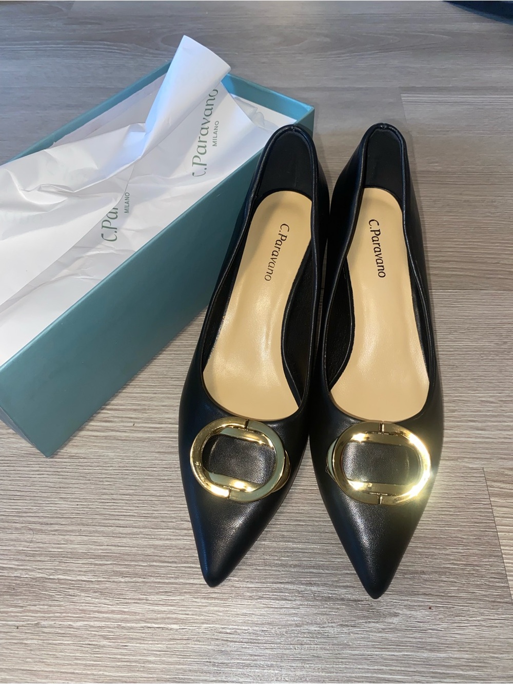 C. Pavarano Black Leather Pointed Kitten Heel - NWT
